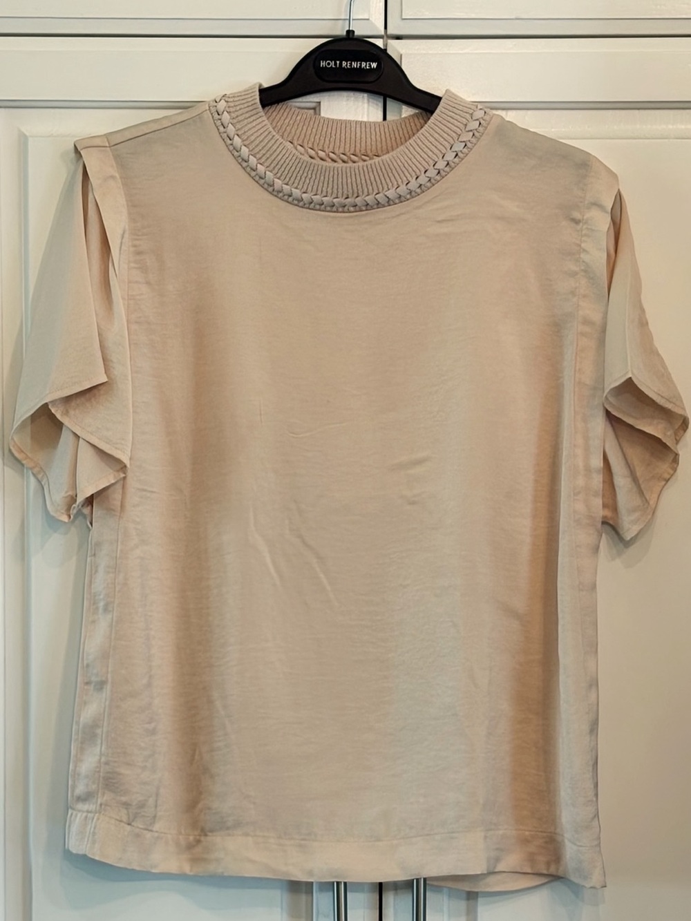 Sam Edelman Mixed Media Woven Rib Neckline Top in a soft champagne/sand, size L